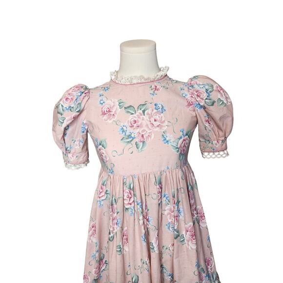 Vtg Daisy Kingdom Pink Floral Fit & Flare Dress Lace Trim Puff Sleeve Girls Sz 6 - Picture 2 of 8